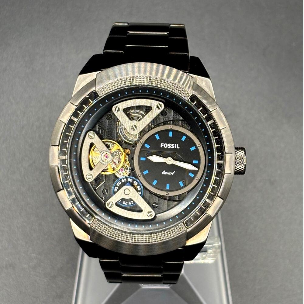 Fossil Bronson Twist ME1171 Semi Skeleton Smoke Stainless Steel 50mm Watch